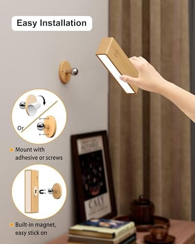 YiLaie Wall Sconces Battery Operated Set of Two,Rechargeable Wall Lamps for Bedroom,Wall Lights Wireless Dimmable,Wood Wall Sconce with 360 Rotation,Peel and Stick Wall Sconces for Bedroom Bedside thumbnail 3