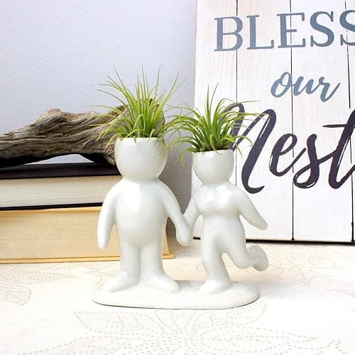 NW Wholesaler 5 Inch White Ceramic Couple Holding Hands People Shaped Planter with Two Live Tillandsia Air Plants - Potted Indoor Air Plants for Home and Office Decor thumbnail 2