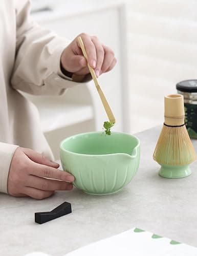 TANG PIN Matcha Set - Match Bowl with Spout and Whisk, 15 OZ, Matcha Scoop | Matcha Whisk Stand (Chasen Holder) - 4pc Perfect Matcha Kit for Matcha Tea Ceremony (Green) - Green thumbnail 2