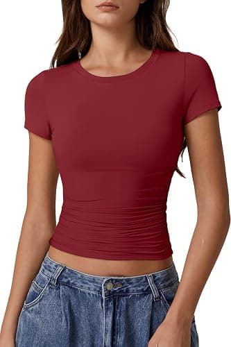 QINSEN Short Sleeve Shirts for Women Round Neck Basic Double Lined Tees Fitted Y2k Crop Tops - Image 1