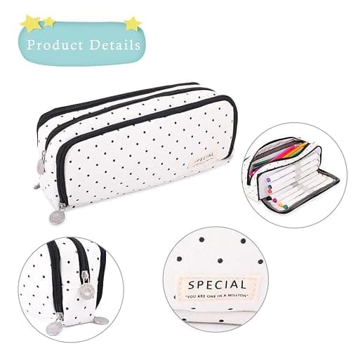 iSuperb Multi Compartments Pencil Case 3 Zippers Pencil Pouch Bag Square Grid Cosmetic Bags Organizer - Black Dots thumbnail 5