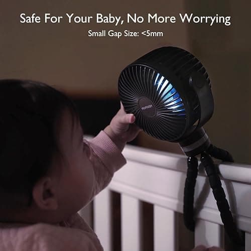 Momcozy 8000mAh Portable Stroller Fan | 27H Ultra-long Battery Life | Detachable 4 Speed 360°Rotate | 2 Modes LED Night Light, USB Rechargeable Handheld Cooling Fan for Travel, Car Seat, Bedroom thumbnail 4