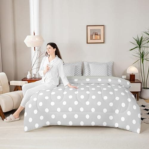Manfei Polka Dot 7pcs Comforter Set Full Size,Cute Simple Geometric Dots Bedding Set for All Season,Grey White Cartoon Bed in A Bag with Comforter,Sheets and Pillowcases,Kids Boys Girls Room Decor - Image 1