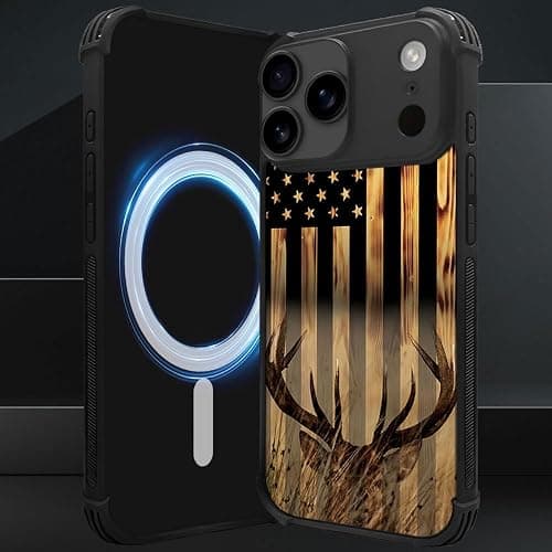 DJSOK Case for iPhone 17 Pro Max,Compatible with MagSafe,Anti-Scratch Shockproof Case,Wood Grain American Flag Buck Hunter Deer thumbnail 5