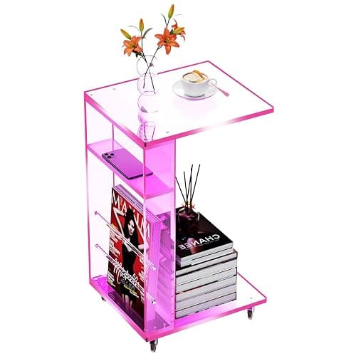 Clear Acrylic Side Table on Lockable Wheels, C Shaped End Table for Sofa, Small Coffee Tables for Small Spaces (Pink) - Image 1