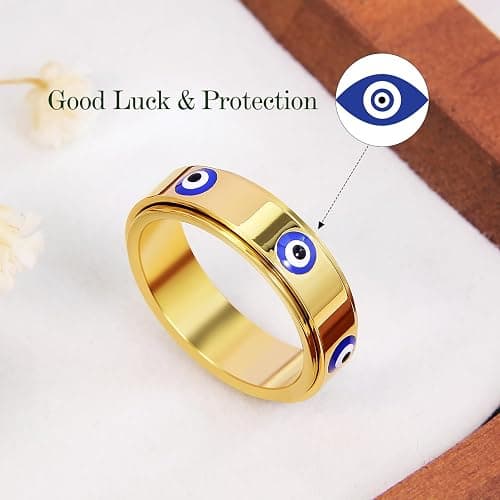 Evil Eye Fidget Ring for Women - 18K Gold Plated Stainless Steel Spinner Rings for Anxiety Relief, Ojo Turco Ring Luck Amulet, Turkish Faith Protection Stackable Jewelry Gift for Women Men thumbnail 4