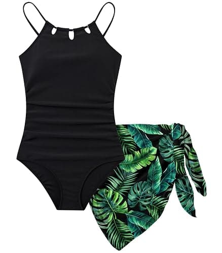 Cuddomper Girls Swimsuit One-Piece Bathing Suit with Mesh Cover Ups Adjustable Straps Cut Out Swimwear Size 7-16 - Image 1