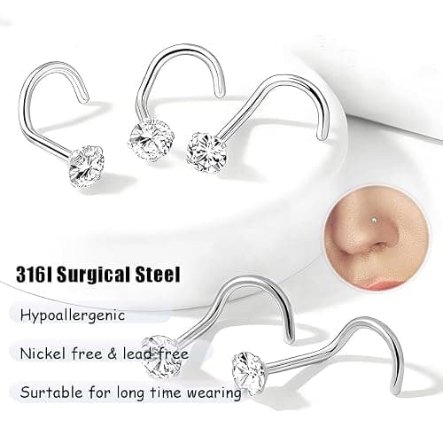 Nose Rings Studs: 8Pcs 20G/18G Gold/Silver 316L Surgical Stainless Steel Nose Studs Hypoallergenic Corkscrew Nose Piercing Stud Jewelry for Women Men Clear Cubic Zirconia Imitation Diamond Top Size 1.5mm 2mm 2.5mm 3mm thumbnail 3