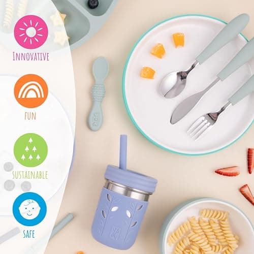 Elk and Friends Kids 7.8” Porcelain White Plates with Silicone Sleeves | Suitable for Babies/Toddlers | Microwave & Dishwasher Safe | Non Slip Dinnerware | Snack Dishes | 4 Pack thumbnail 7