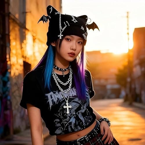 Quxyxso Punk Cross Goth Hat, Women's Cat Ear Bat Wing Beanie Knit Hat, Knitted Y2k Hat Accessories Winter Outdoor Streetwear Black thumbnail 3
