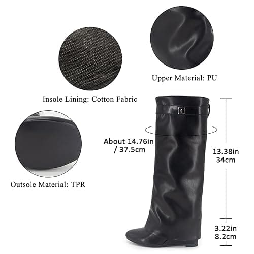 GOGD Fold Over Boots Women's Knee high Shark Boots Pointed Toe Wedge Heel Flat Shoes For Fall Winter Dress Boots thumbnail 4