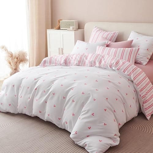 Sedefen Housse de Couette 140x200 cm cœur Rose Rayures Ado Adultes Parure de Lit 1 Personne avec Fermeture Éclair Filles Housse Couette en Microfibre avec 1 Taie d'oreiller 65x65 cm - Rose Coeur Réversible - 140x200cm+65x65cm*1 thumbnail 4