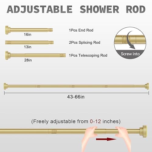 Thestoa Gold Shower Curtain Rod Adjustable 43-66 inch, 1"Diameter Spring Tension Curtain Rod No Drill, Anti-Rust Non-Slip Shower Rod for Bathroom thumbnail 5