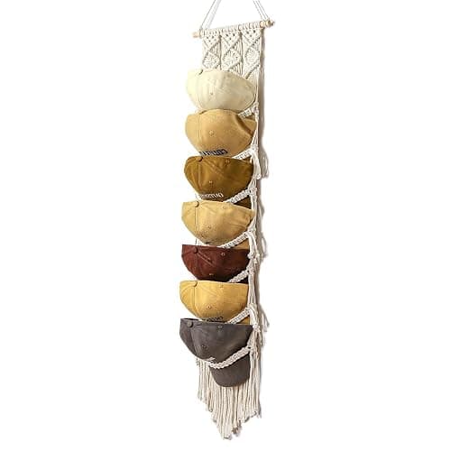 Clysuply Boho Baseball Cap Hanger-1 Pack-Macrame Hat Organizer for Ball Caps Holder Over Door, Hat Rack for Wall, Cap Rack for Decoration and Display, Boho Handmade Cap Display 7 caps (cream - Image 1