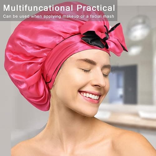 Satin Bonnet with Tie Band Adjustable Silk Bonnet Sleep Cap for Braids double layer with Tie for Sleeping (Hot Pink +Black) thumbnail 6