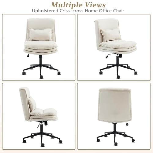VINGLI Cloud Criss Cross Legged Chair,18" High Back Armless Home Office Desk Chair with Wheels,Wide Adjustable Comfy Padded Seat Task Computer Chair,Modern Swivel Makeup Vanity Chair,Microfiber,Beige - Image 1