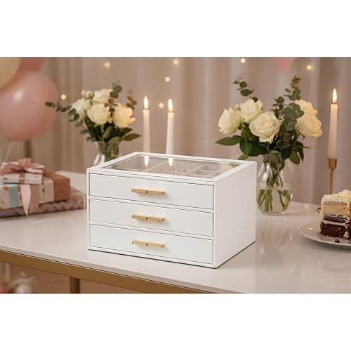 Vlando 3-Drawer Jewelry Box Organizer with Glass Lid, White | Faux Leather Jewelry Organizer for Rings Earrings Necklaces and More, Gift-Ready Jewelry Case for Women Girls or Moms thumbnail 7