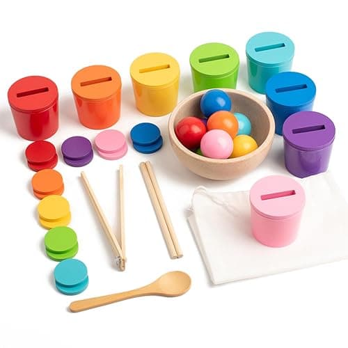 Ball in Cups Toddler Montesssori Toys for 1 Years Old, Rainbow Color Sorting Toy Coin Box Matching Game, Wooden Learning Color for Baby Toddler Age 1-3, Fine Motor Developmental Infants Sensory Toy - Image 1