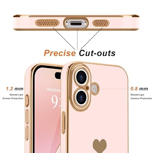 Teageo for iPhone 16 Case with Screen Protector [2 Pack], Light Pink | Girl Women Cute Girly Love-Heart Luxury Gold Soft Cover Camera Protection Shockproof Phone Case for iPhone 16 thumbnail 2