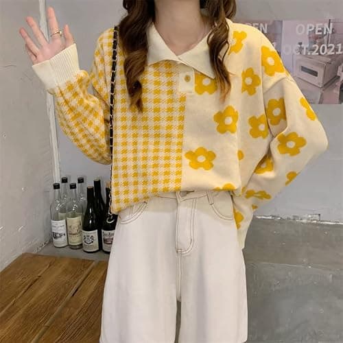 Womens Kawaii Color Block Sweaters Cute Plaid Collared Pullover Sweatshirts thumbnail 2