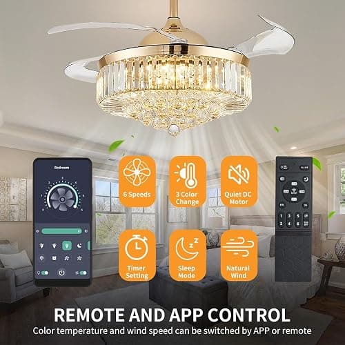 Deliyfans 42'' Fandelier Ceiling Fans with Light, Chandelier Ceiling Fan, Retractable Crystal Ceiling Fan for Bedroom, Living Room, 3 Color Change, LED Dimmable, 6 Speeds, Reversible DC Motor-Gold thumbnail 7