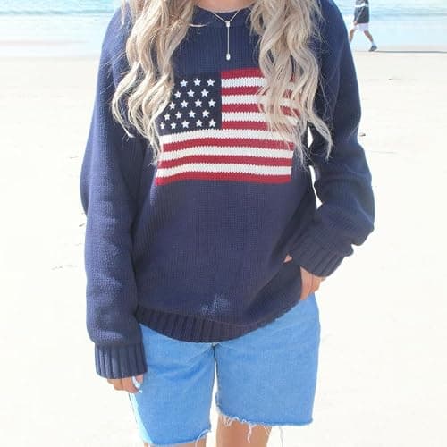 Women American Flag Sweater Long Sleeve Crew Neck Loose Fit Knit Pullover Tops USA Casual Loose Pullover Sweater thumbnail 2