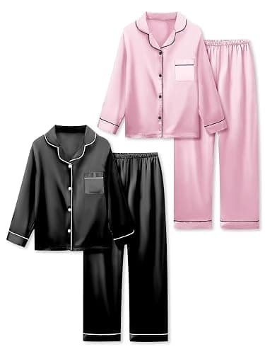 Vopawetty Satin Pajamas for Girls, 4-Piece Long Sleeve Silky Button Down PJ Set - Image 1