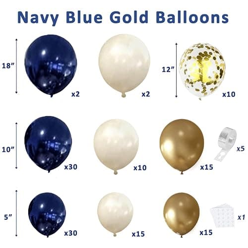 Navy Blue Gold Balloon Arch Kit, Pearl White,129 pcs,Different Size | Double Stuffed Latex Balloons for Celebration Birthday Wedding Party Decorations thumbnail 2
