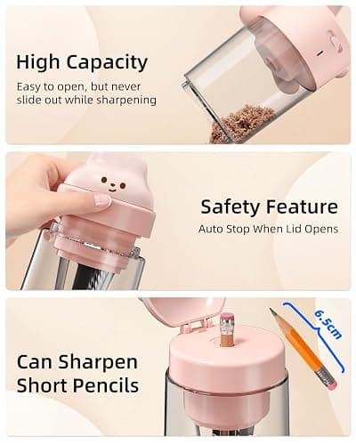 Zmol Electric Pencil Sharpener, Pink Bunny Pencil Sharpener for Colored Pencils, Auto in & Out，Fully Automatic Rechargeable Pencil Sharpeners for No.2/Colored Pencils(6-8mm), Classroom/Office/Home thumbnail 8