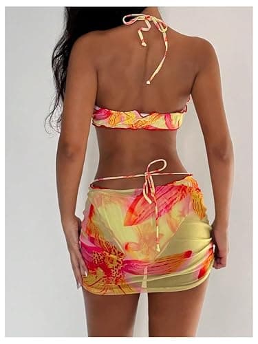 SOLY HUX Women's 3 Piece Swimsuit Floral Halter Bikini Set Beach Vacation Bathing Suit with Drawstring Cover Up Skirt thumbnail 2