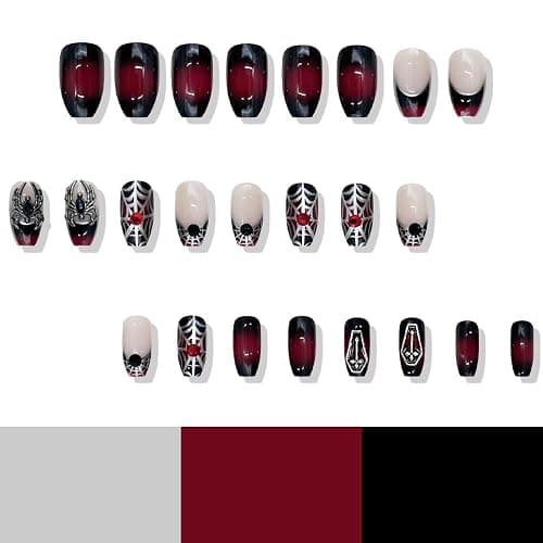 MouyouGlow Press on Nails Kurz,Ballerina Halloween Rot Gradient Schwarz French Spinnennetz 3D Silber Spinnen Crytsal Horror Gothic Fake Nails mit Nagelkleber,Ret Ombre Black Künstliche Fingernägel thumbnail 2
