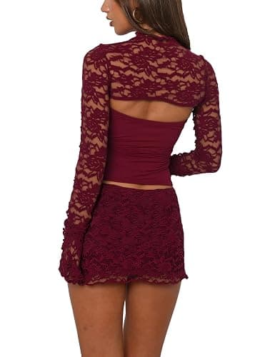 FWBBG Womens Sexy 2 Piece Mini Skirt Set Long Sleeve Lace Cutout Top Double Lace Mini Bodycon Skirt Y2K Going Out Outfits thumbnail 3