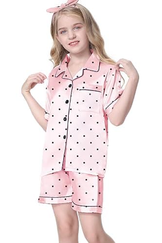 Umeyda Women & Girls Pajamas Set, 2 Piece PJS Satin Silk Sleepwear Button-Down Top with Shorts for Mom Kids Gifts thumbnail 2
