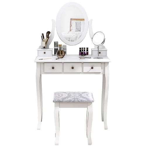 HOMCOM Coiffeuse avec Miroir et Tabouret 5 tiroirs Table de Maquillage avec Pieds en Bois de pin Massif 80 x 40 x 140cm Blanc thumbnail 2