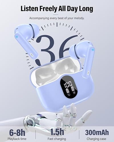 Wireless Earbuds, Bluetooth 5.4 Headphones Bass Stereo, Ear Buds with Noise Cancelling Mic, LED Display in Ear Earphones Clear Calls, IP7 Waterproof Bluetooth Earbuds for Laptop/Phones, Pale Blue thumbnail 7