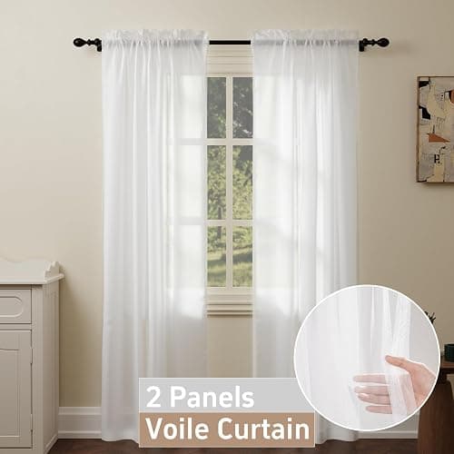 Pacok White Voile Curtains, 84 Drop 2 Panels Net Curtain for Windows, Rod Pocket Sheer Curtain Panel Voile Curtains for Living Room Kitcken Bedroom W56xL84 Inch(White, 142 x 213cm) thumbnail 3