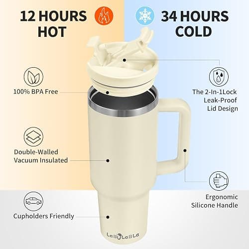 Labulabla 40oz Tumbler with Handle,Double Wall Vacuum Reusable Stainless Steel Insulated Water Bottle,With Leak Proof lid and Straw for Iced or Cold Beverages (Beige) thumbnail 3