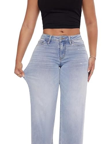 ONESO Mid-Low Rise Baggy Jeans Wide Leg for Women Distressed Pants Stretchy Bottom Lady Basic Comfortable Denim thumbnail 6