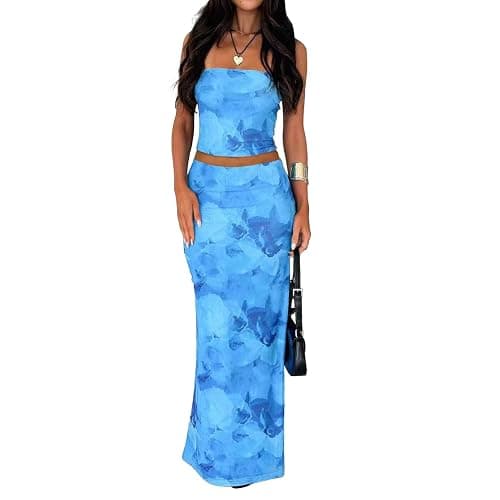 Goafuliy 2 Piece Skirt Sets for Women Summer, Floral Sleeveless Tube Top Bodycon Maxi Skirts Y2k Vacation Going Out Outfits - Image 1