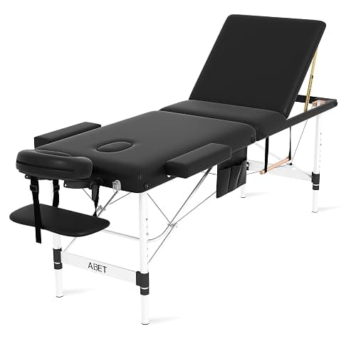 ABET Massage Table, 3 Fold Portable Professional Lash Tattoo Spa Bed, Height Adjustable 23.5" Wide Compact Facial Table with Detachable Oil Pocket Towel Rod Face Cradle Armrest, Aluminum Feet & Black - Image 1