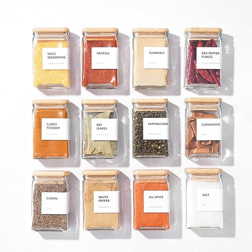 Glass Spice Jars with Labels - 4oz Glass Jars with Bamboo Lids, Square Spice Jars with Labels, Empty Spice Bottles for Seasoning Organizer, Spice Drawer Organizer and Kitchen Storage, 12 Pack, White - Image 1