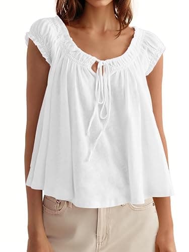 Tankaneo Women Summer Tie Front Tank Tops Cap Sleeve Pleated Babydoll Tops Casual Loose Fit Going Out Flowy Shirt - Image 1
