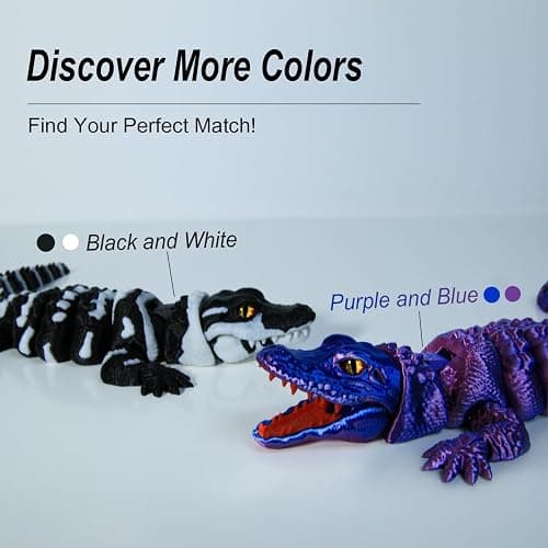 coonoe 3D Printed Articulated Crocodile - Opening Mouth and Glass Eyes - Flexible Joint Animal Models - Surprise Gifts for Fidget Enthusiasts - Made from PLA - Black and White thumbnail 5