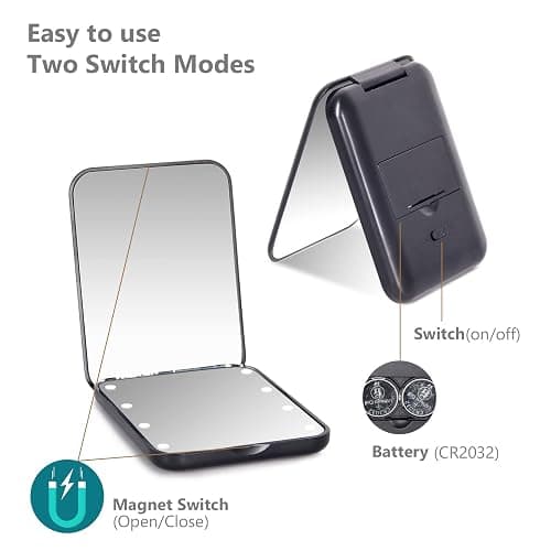 Kintion Pocket Mirror, 1X/3X Magnification LED Compact Travel Makeup Mirror with Light for Purse, 2-Sided, Portable, Folding, Handheld, Small Lighted Mirror for Gift, Black thumbnail 6