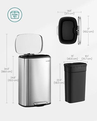 SONGMICS Kitchen Bin 13 Gallon (50 L), Pedal Rubbish Bin, Soft Close, Step-On Pedal, Steel, Inner Bucket, Silver LTB050E01 thumbnail 6