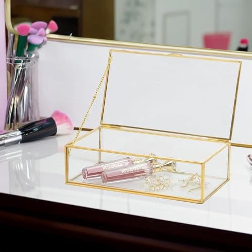 ZEXALOR Clear Glass Decorative Box for Organizing Photos, Jewelry, Small Items - Golden Dresser Drawer Organizer, Transparant Small Storage Bin Container with Lid (Upgrade, 8x4,3x2,3") thumbnail 3