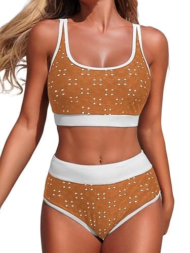 ChiaoLezhee Women's High Waisted Bikini Sets, Hollow Out Color Block, Two Piece Sporty Scoop Neck Adjustable Straps Swimsuit - Image 1