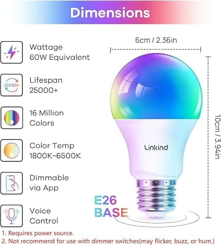 Linkind Smart Light Bulbs, Work with Alexa, Google Home, AiDot | Remote Control, 16 Million Color Changing, 1800K-6500K White, 2.4G WiFi+Bluetooth, Preset Scene, A19 E26, 60W 800LM, 4Pack thumbnail 7