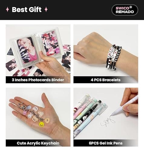 Stray Merch Gift Box Set, Including 60 Photocards, 96 Stickers, 3 Inches Photocards Binder, 4 Bracelets, Foldable Mirror, 2 Button Pins, Keychain, Fridge Magnet, Phone Ring Holder, 6 Pens for Stay thumbnail 6