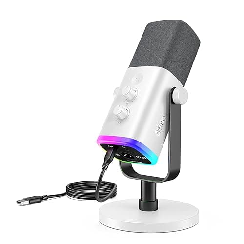 Fifine Dynamic Studio XLR/USB Microphone, Gaming Streaming RGB Microphone for PC/MAC/PS5, Desktop Computer Mic with Monitoring Headphones Jack, Gain Knob, RGB for Podcast Recording-AM8 White - Image 1